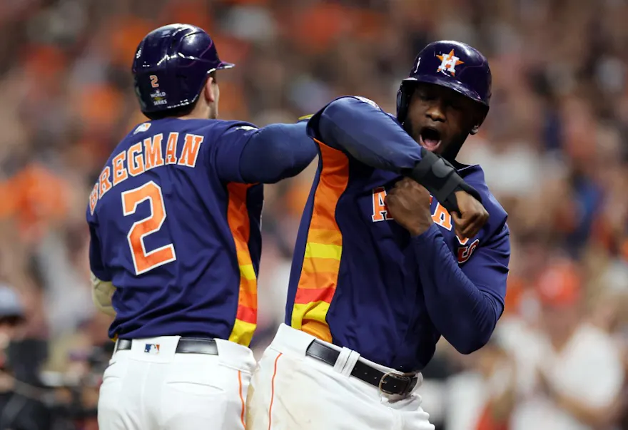 Alex Bregman and Yordan Alvarez of the Houston Astros celebrates a two-run home run as we look at our White Sox vs. Astros prediction