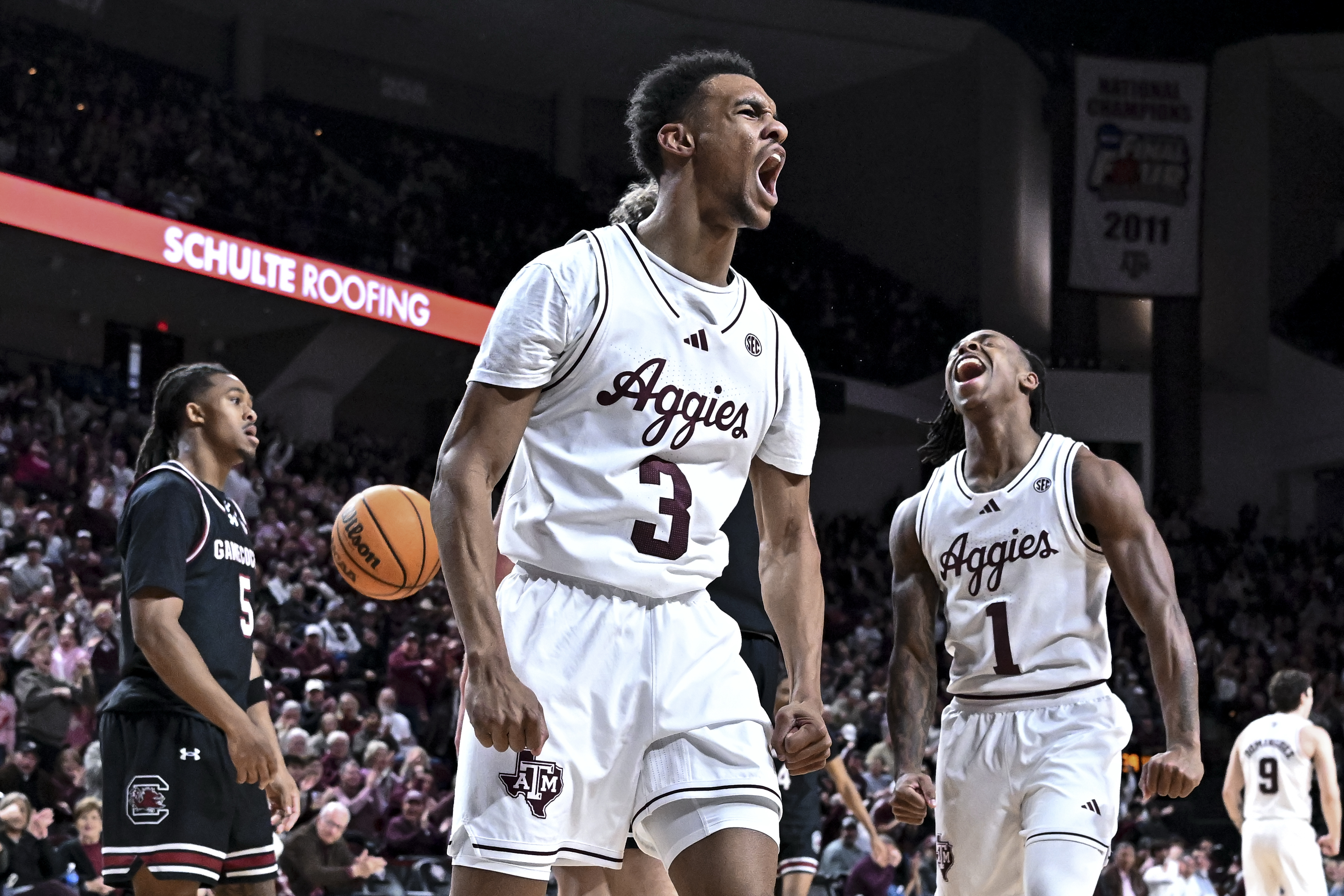 Texas A&M Aggies guard Rylan Griffen (3), seen here reacting during a game, is featured in our Texas A&M vs. Houston prediction.
