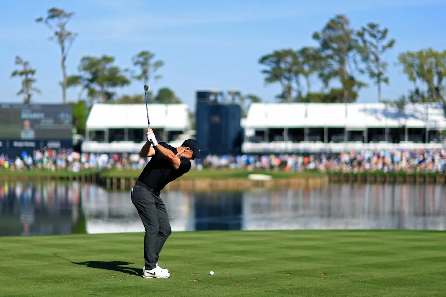 Rory McIlroy of Northern Ireland plays his shot from the 17th tee during the first round of THE PLAYERS Championship as we look at the Players Championship Round 2 odds and picks.