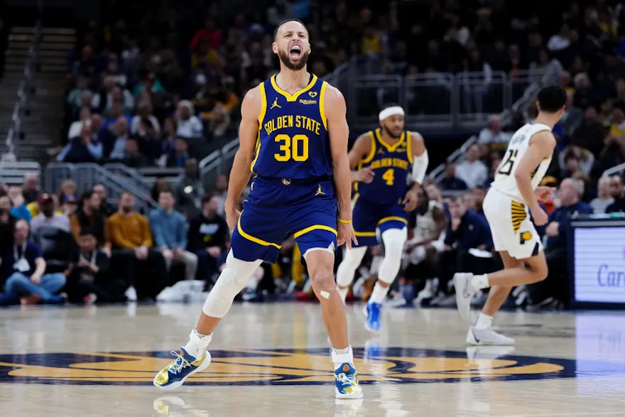 Stephen Curry #30 of the Golden State Warriors celebrates as we look at the latest NBA Clutch Player of the Year odds heading into the NBA All-Star break.