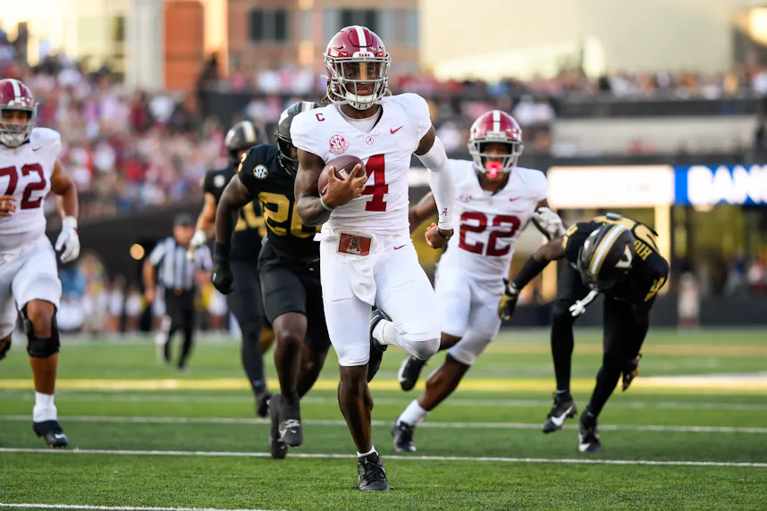 Alabama Crimson Tide quarterback Jalen Milroe runs the ball and scores against Vanderbilt as we offer our South Carolina vs. Alabama prediction.