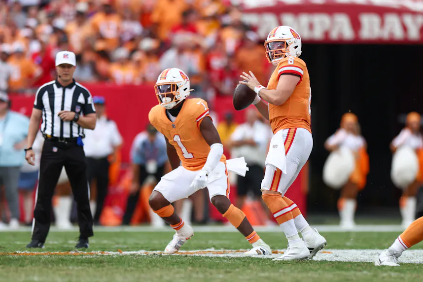 Tampa Bay Buccaneers quarterback Baker Mayfield (6) drops back to pass as we offer our NFL predictions for Week 9.
