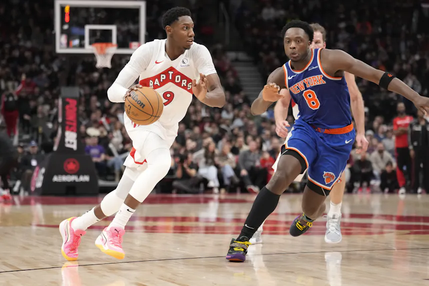 Toronto Raptors guard RJ Barrett drives against New York Knicks forward OG Anunoby, and we offer our top Raptors vs. Heat NBA player prop picks.