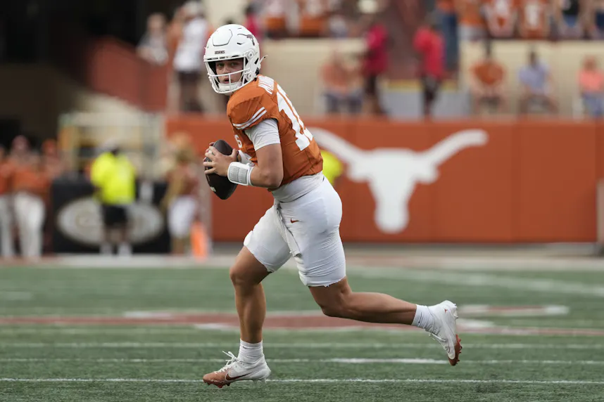Texas Longhorns quarterback Arch Manning (16) looks to pass as we offer our Arch Manning player prop bets for Week 4 ahead of Louisiana-Monroe vs. Texas on Saturday.