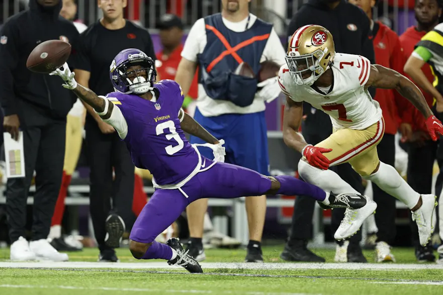Jordan Addison of the Minnesota Vikings tries to make a catch against the San Francisco 49ers, and we offer new U.S. bettors our exclusive BetMGM bonus code.