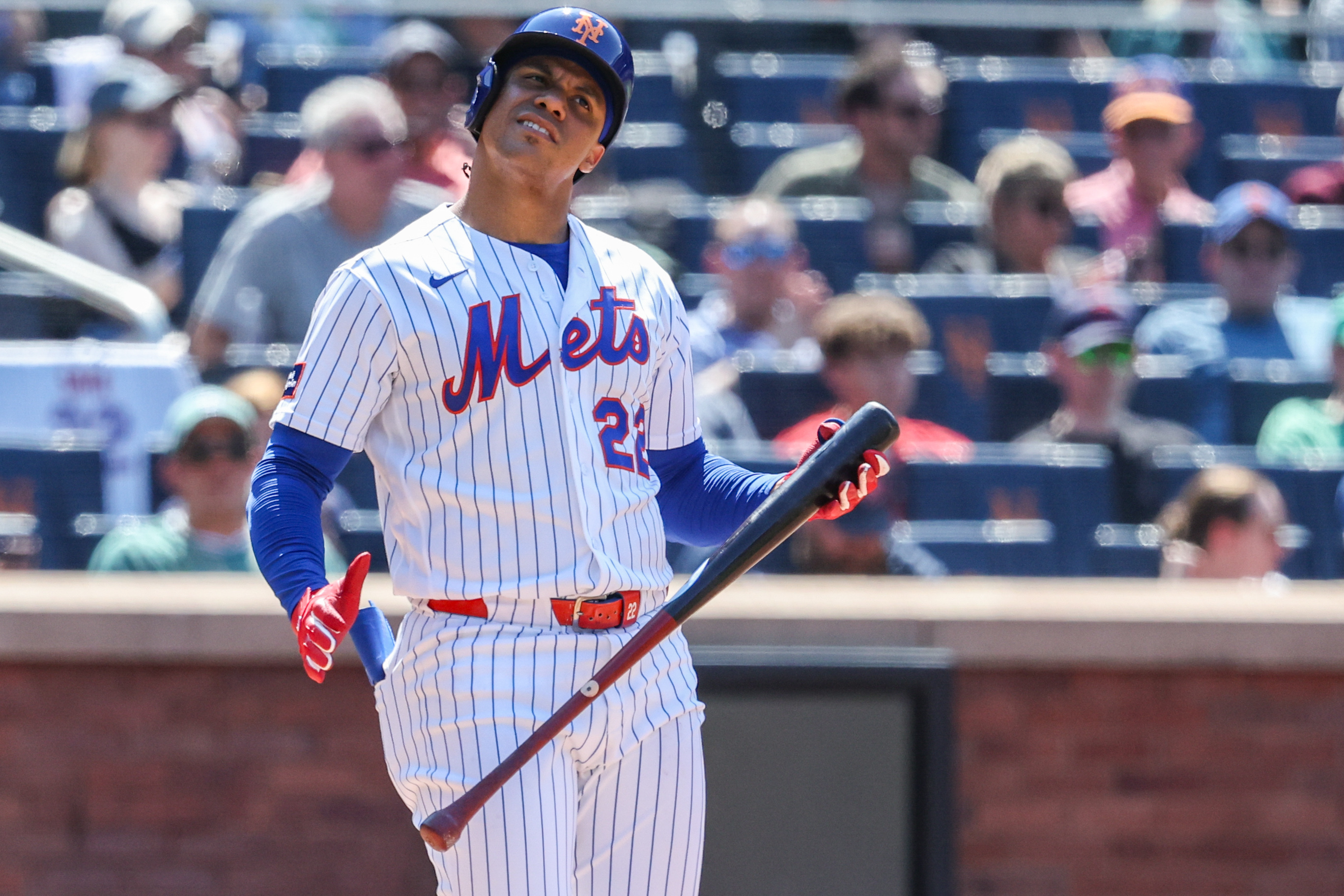 New York Mets designated hitter Juan Soto (22) at Citi Field as he is featured in our Astros vs. Mets prediction.