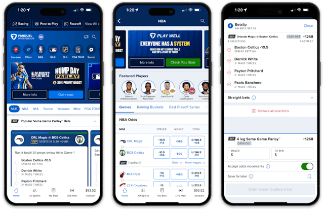 Three side-by-side images of the FanDuel mobile app.