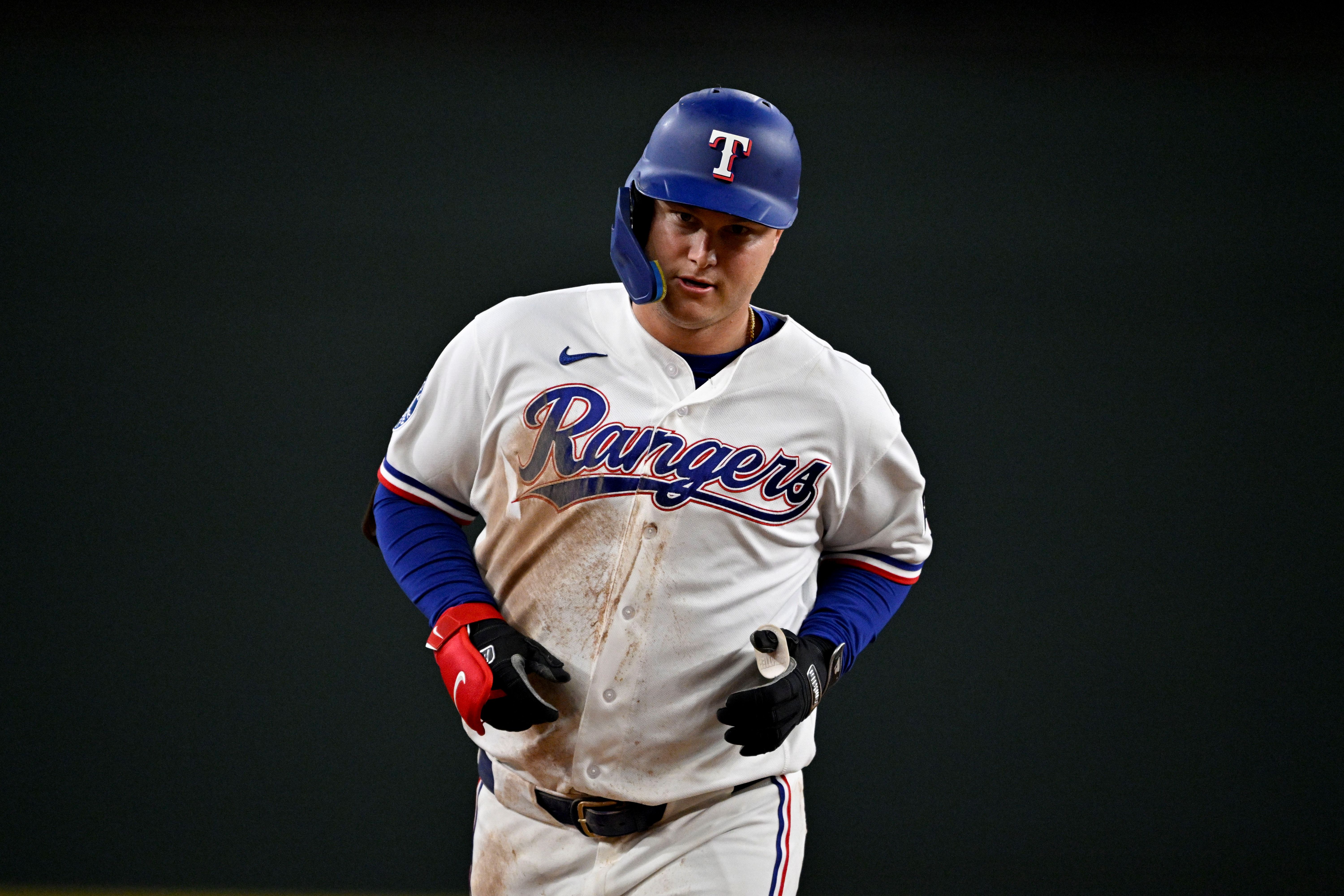 Texas Rangers designated hitter Joc Pederson (3), seen here rounding the bases during a game, is featured in our Rangers vs. Cardinals prediction.