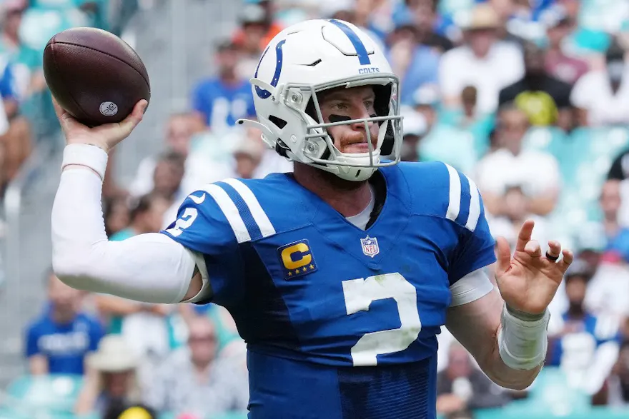 Carson Wentz of the Indianapolis Colts throws a pass against the Miami Dolphins at Hard Rock Stadium on Oct. 03, 2021 in Miami Gardens, Florida.