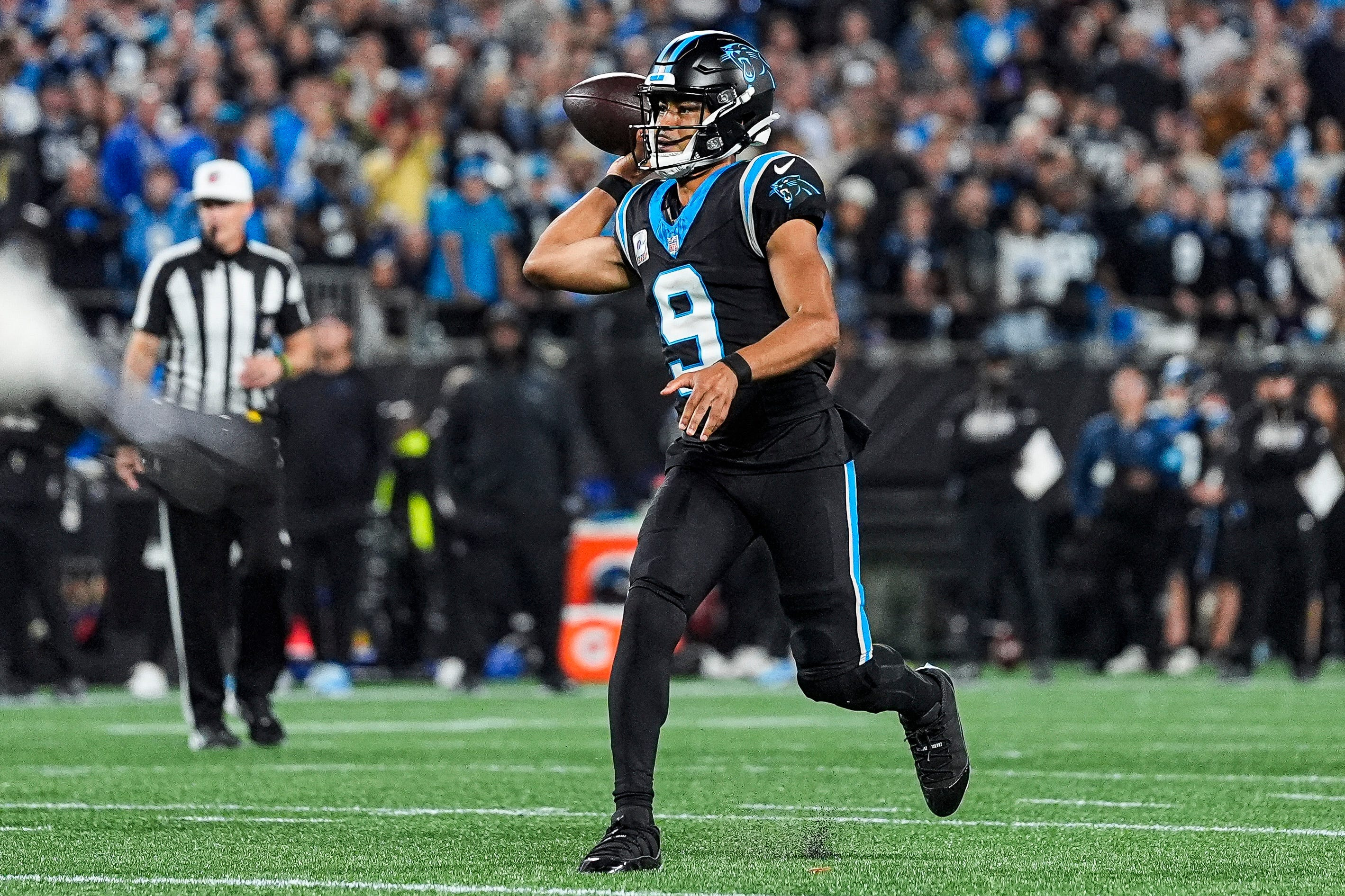 Pictured: Carolina quarterback Bryce Young throwing a pass as we break down our Panthers vs. Eagles Prediction. Photo by USA TODAY Network via Reuters Connect.