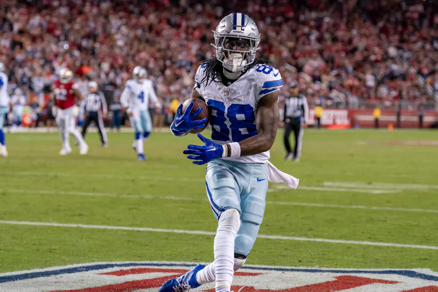 Dallas Cowboys wide receiver CeeDee Lamb catches the football for a touchdown as we look at our best CeeDee Lamb player prop bets for Giants vs. Cowboys Thanksgiving.