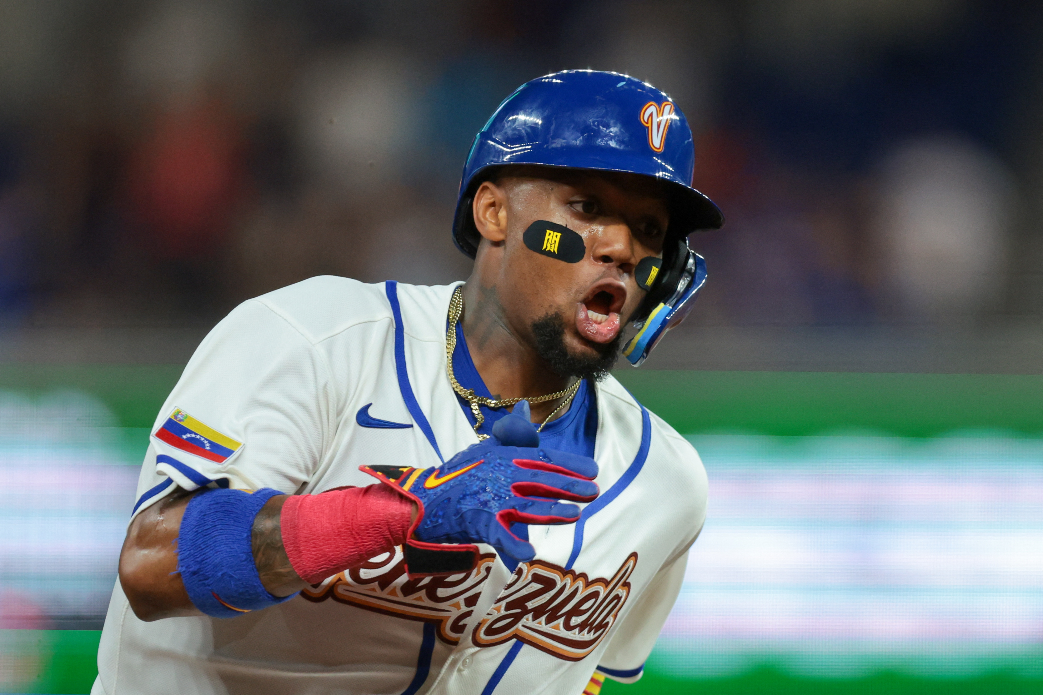 Venezuela right fielder Ronald Acuna Jr. - who's featured in my Venezuela vs. Italy parlay - rounds third base.