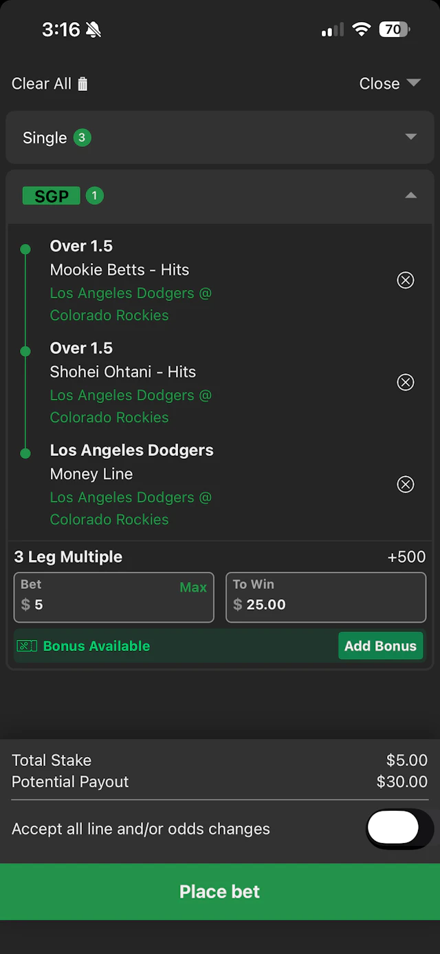 BET99 app betslip showing a three-leg same-game parlay for Dodgers @ Rockies.