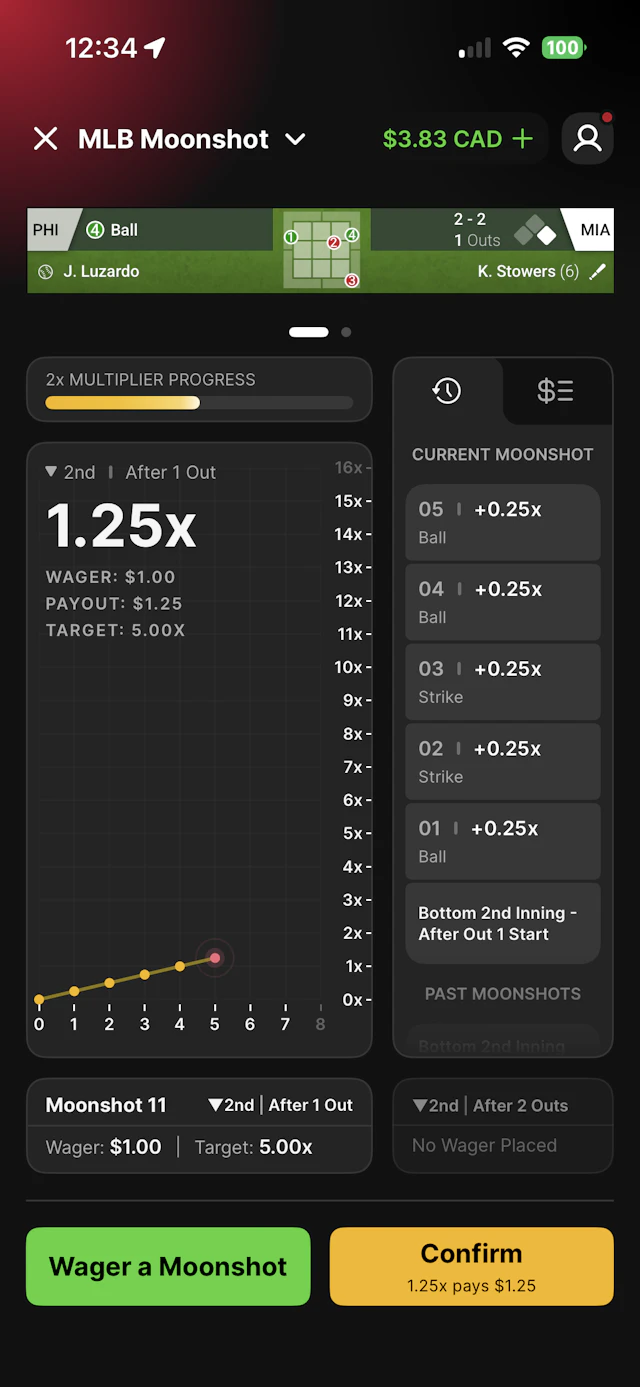 DraftKings Moonshot bet placed on July 29, 2026 showing a 1.25x multiplier.