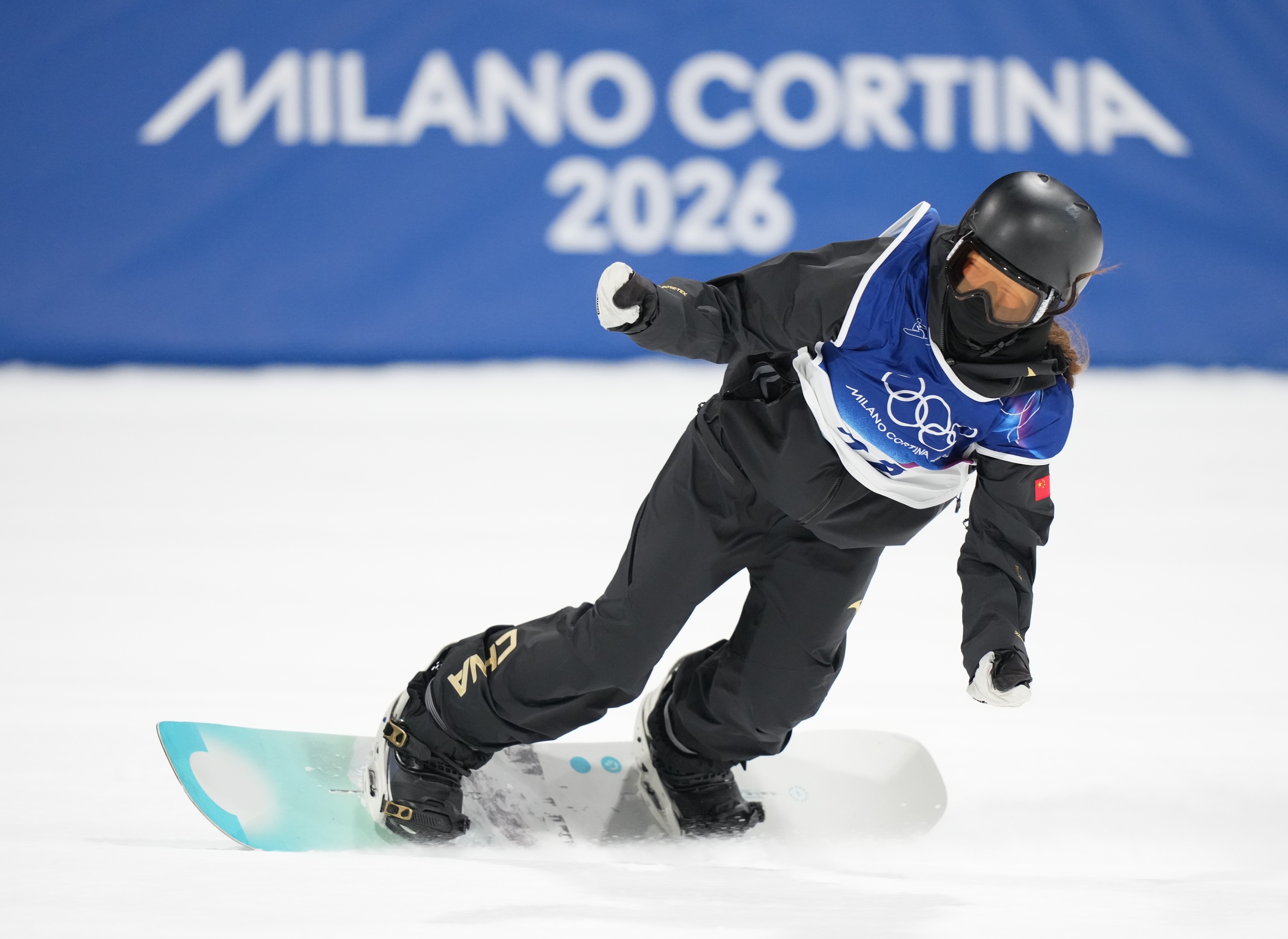Xiaonan Zhang of the People's Republic of China reacts in the women's snowboarding big air final during the Milano Cortina 2026 Olympic Winter Games at Livigno Snow Park.