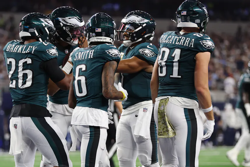 Philadelphia Eagles quarterback Jalen Hurts (1) celebrates a touchdown as we offer our Commanders vs. Eagles prediction tonight for Thursday Night Football.