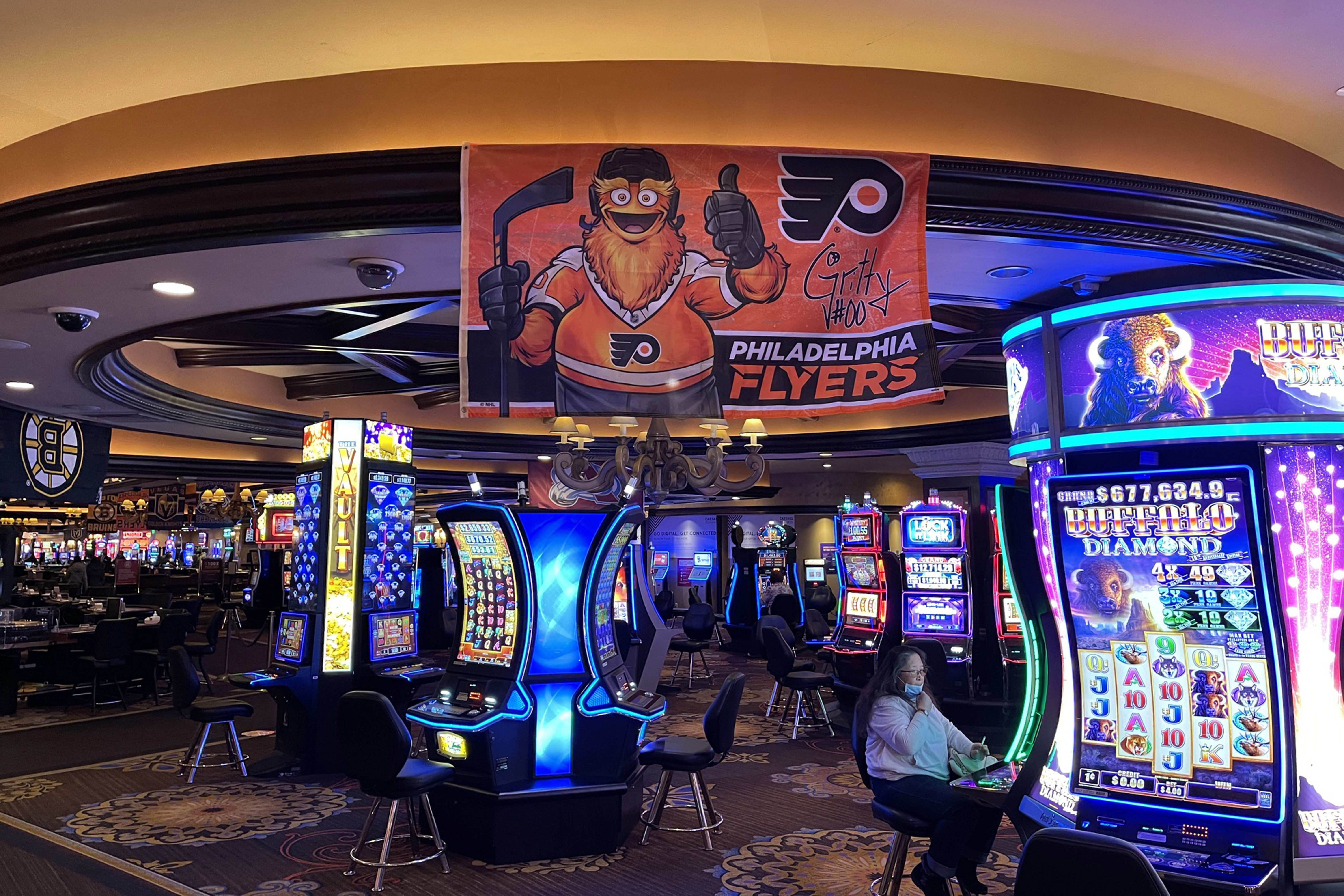 A Philadelphia Flyers banner is seen at a casino as we look at Incentive Games expanding into Pennsylvania