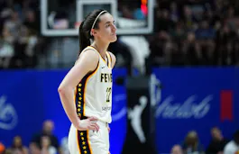 Indiana Fever guard Caitlin Clark (22) reacts as we offer our best Dream vs. Fever prediction and expert picks, including Caitlin Clark props, for Thursday's WNBA matchup at Gainbridge Fieldhouse in Indianapolis.