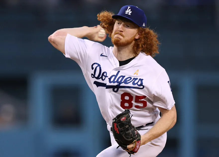 Dustin May of the Los Angeles Dodgers pitches against the San Diego Padres during the first inning at Dodger Stadium on September 02, 2022 in Los Angeles, California.