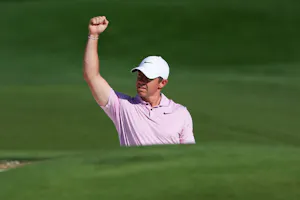 Rory McIlroy of Northern Ireland reacts after holing out as we look at the latest PGA Championship odds.