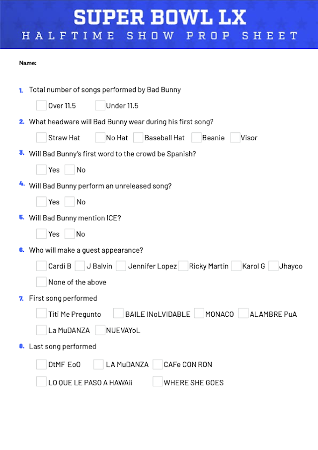 Our 2026 Super Bowl halftime show prop bet sheet for Seahawks vs. Patriots