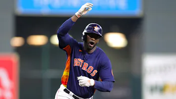 Yordan Alvarez of the Houston Astros runs the bases after hitting a two-run home run against the Seattle Mariners.