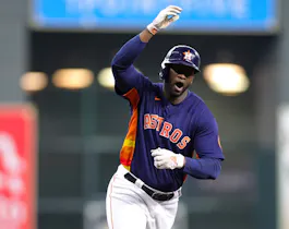 Yordan Alvarez of the Houston Astros runs the bases after hitting a two-run home run against the Seattle Mariners.