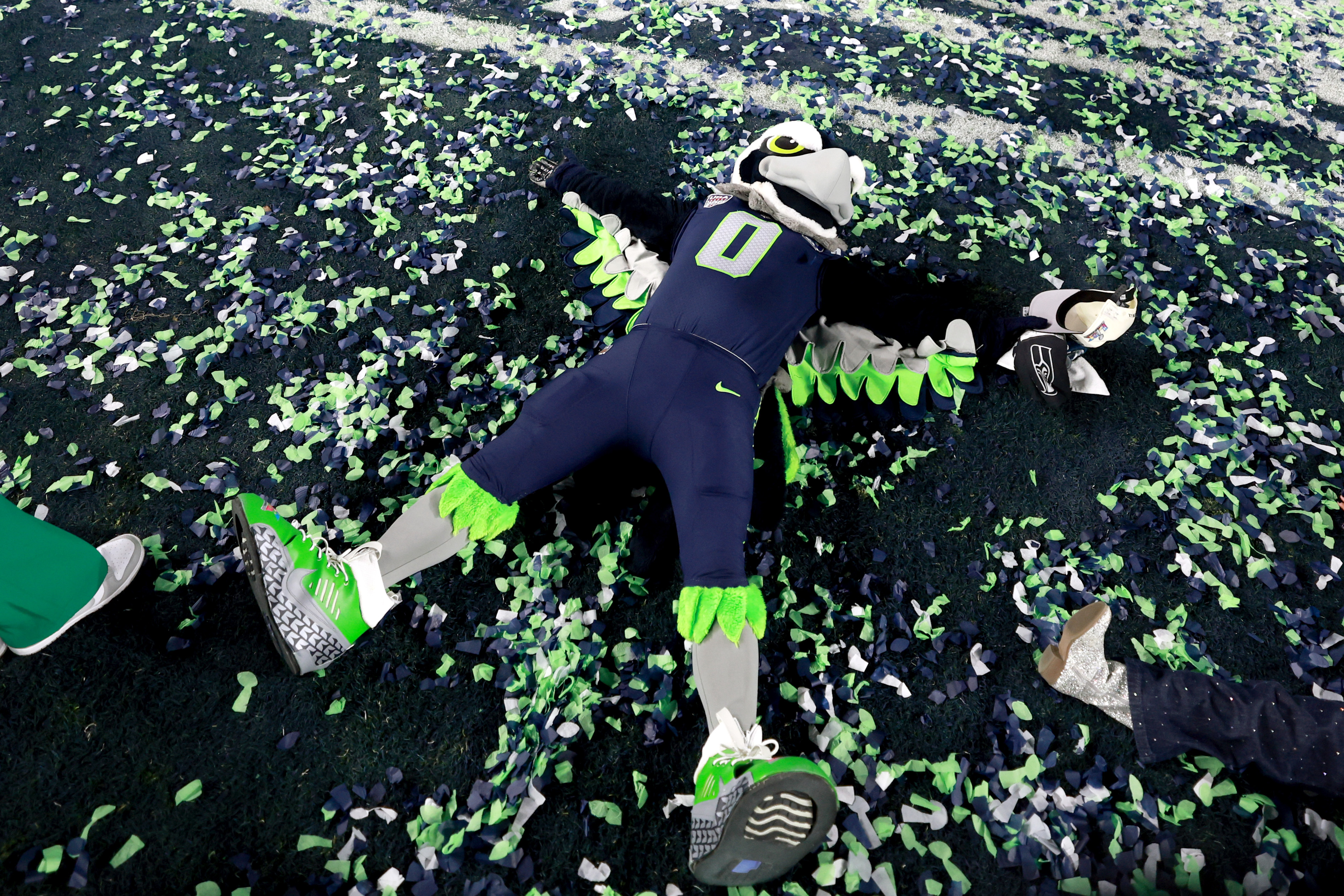 Seattle Seahawks mascot Blitz celebrates as we look at prediction market handle from Super Bowl 60. 