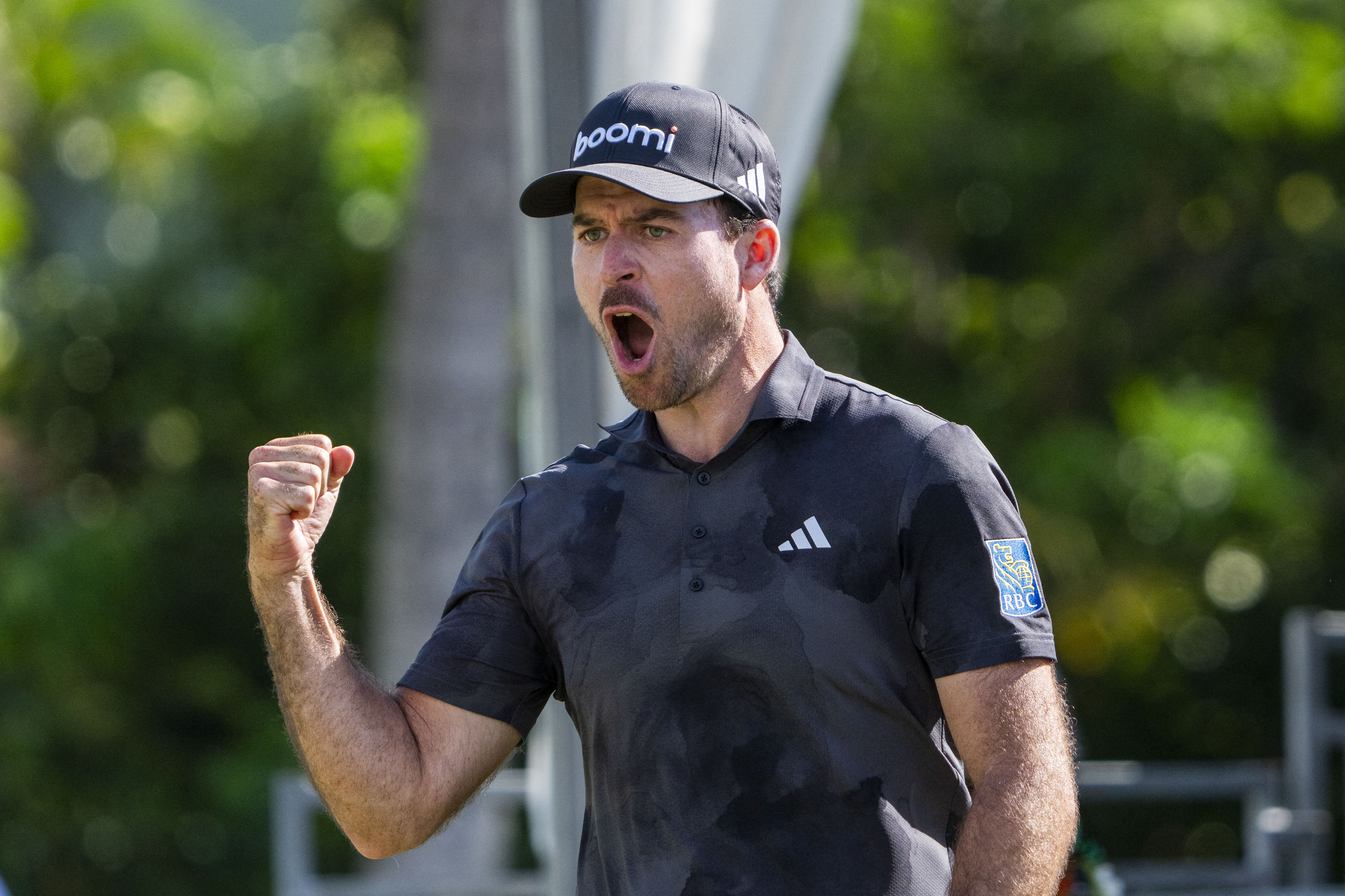Nick Taylor celebrates after making an eagle on the 18th hole during the final round of the Sony Open at Waialae Country Club, as we look at our Sony Open first-round leader predictions.