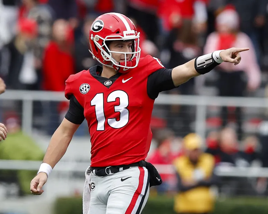 Stetson Bennett of the Georgia Bulldogs reacts in the first half against the Missouri Tigers at Sanford Stadium.