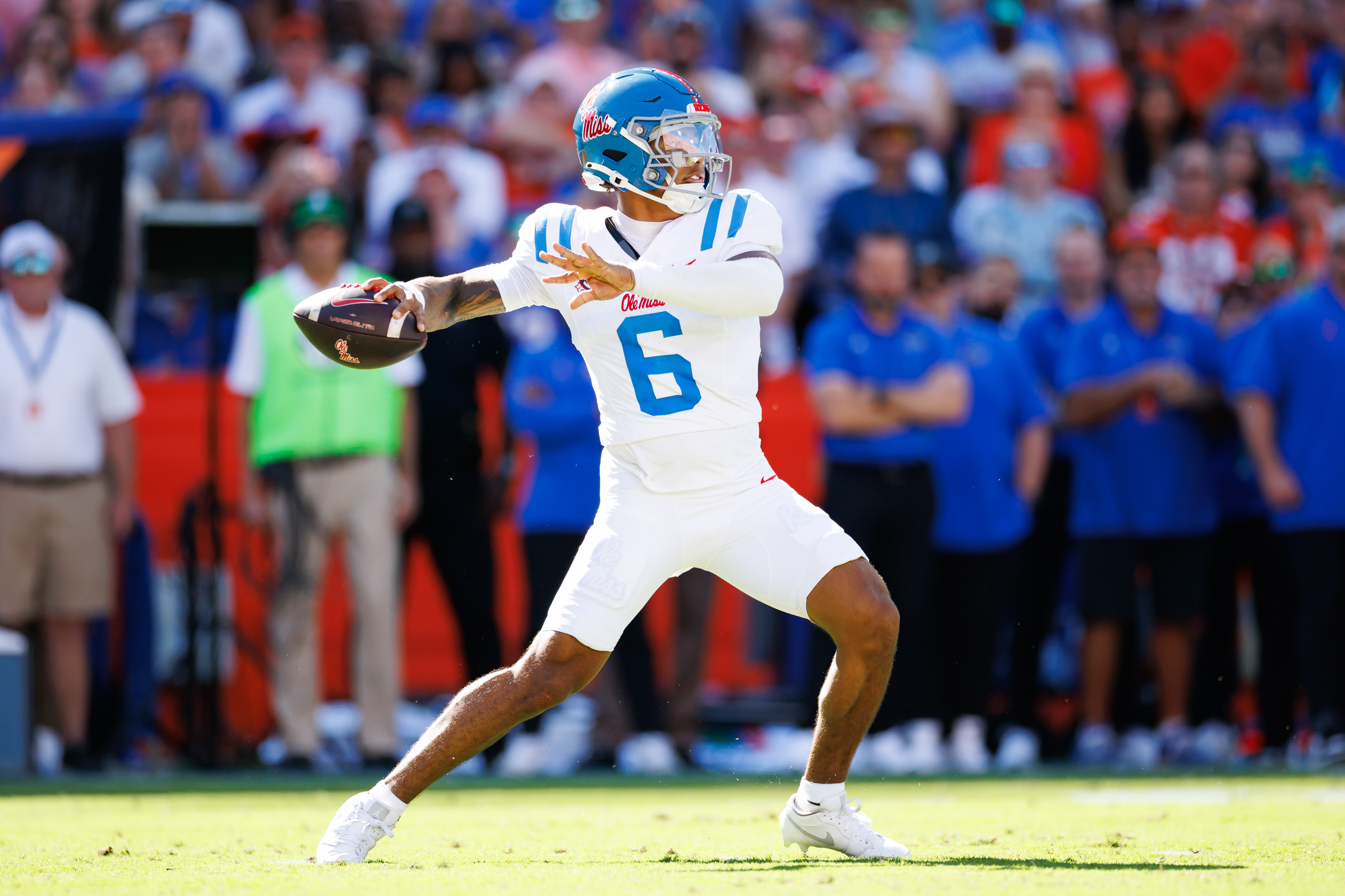 Mississippi Rebels quarterback Trinidad Chambliss (6) throws the ball as he is featured in our college football anytime touchdown scorer predictions Week 6.