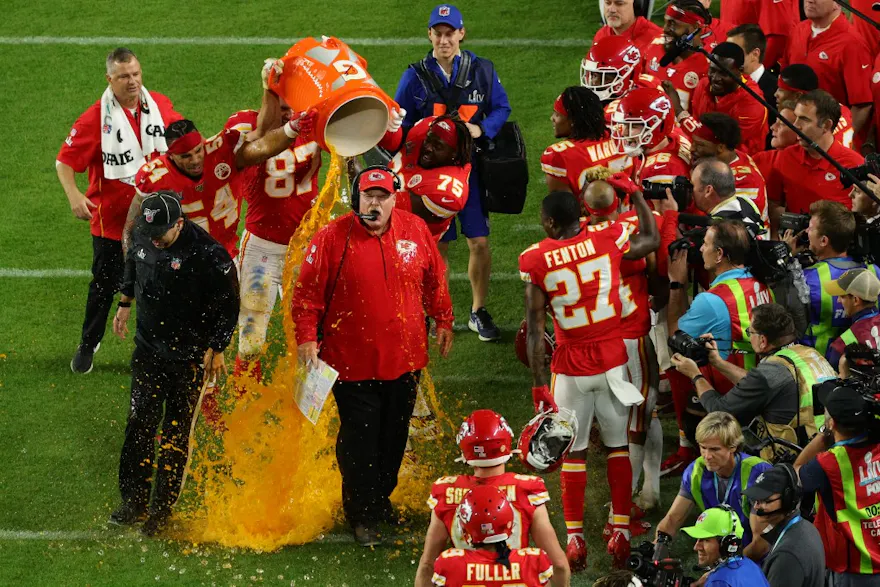 Head coach Andy Reid of the Kansas City Chiefs gets dunked in Gatorade after defeating the San Francisco 49ers 31-20 in Super Bowl LIV at Hard Rock Stadium.