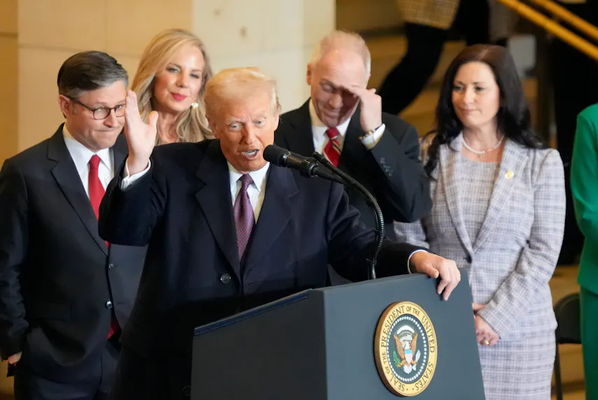 President Donald Trump delivers remarks as we look at Rivalry adding $TRUMP meme coin as a payment option.