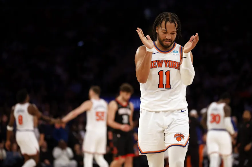 Jalen Brunson of the New York Knicks reacts during the second half against the Houston Rockets, and we offer our top Knicks vs. Nets player props based on the best NBA odds.