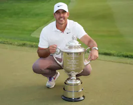 Brooks Koepka celebrates with the Wanamaker Trophy after winning the 2023 PGA Championship as we look the sponsorship deal between ESPN BET and the PGA Championship