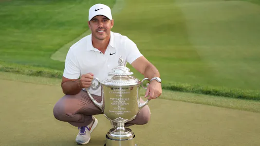 Brooks Koepka celebrates with the Wanamaker Trophy after winning the 2023 PGA Championship as we look the sponsorship deal between ESPN BET and the PGA Championship