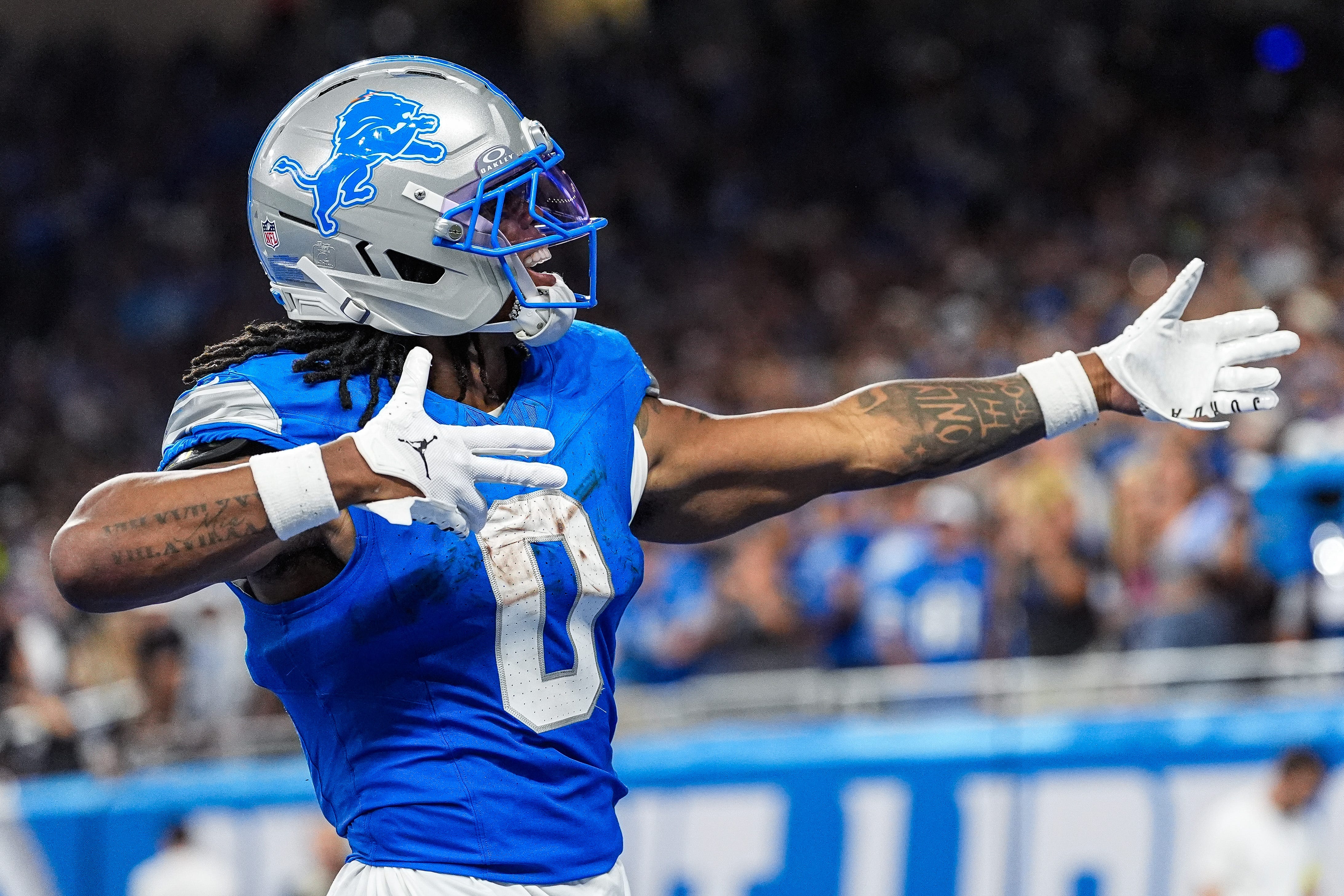 Detroit Lions running back Jahmyr Gibbs celebrates as we look at the Offensive Player of the Year Odds 2026-27.
