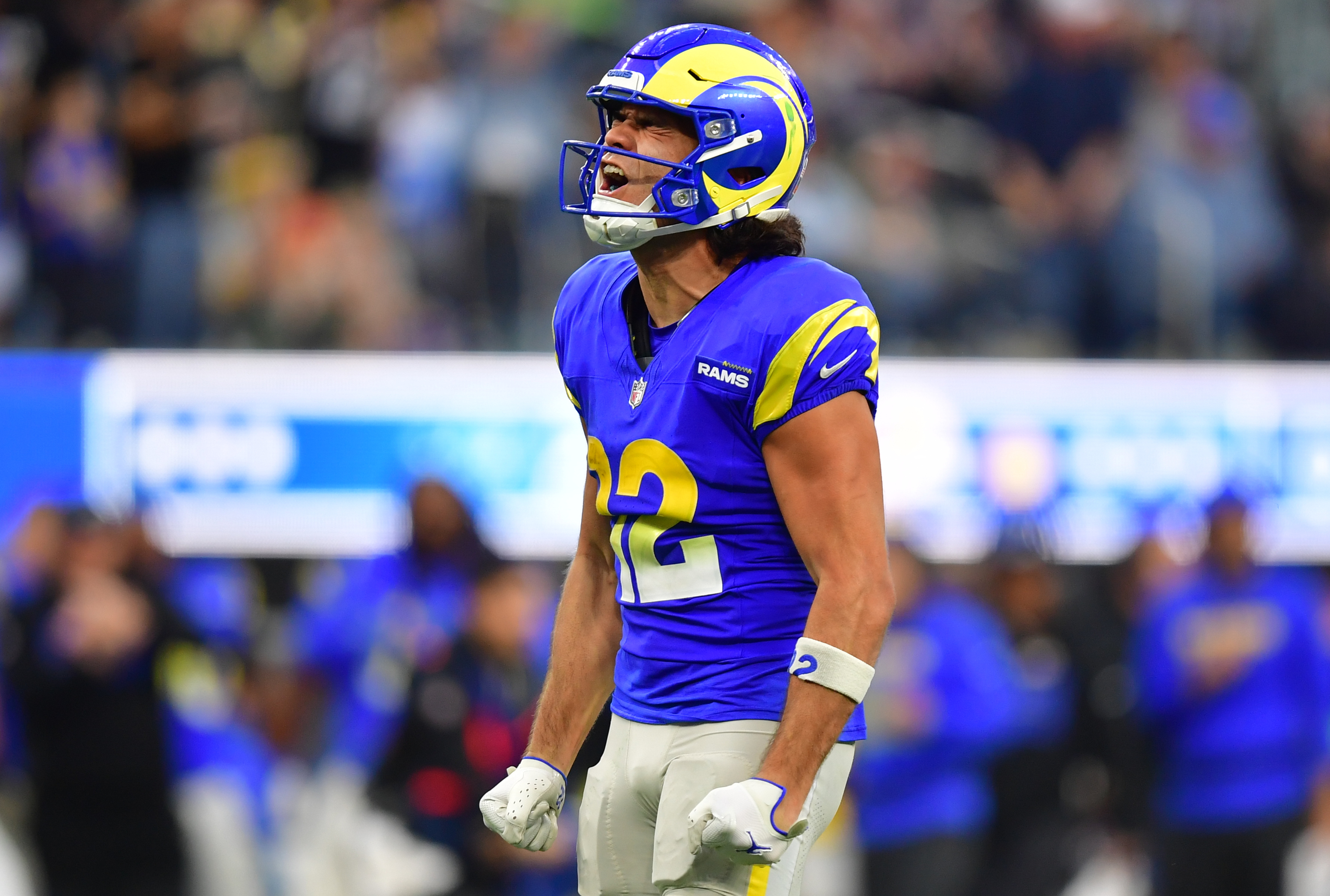Los Angeles Rams wide receiver Puka Nacua (12) celebrates as part of our Rams vs. Seahawks player prop bets for Thursday Night Football.