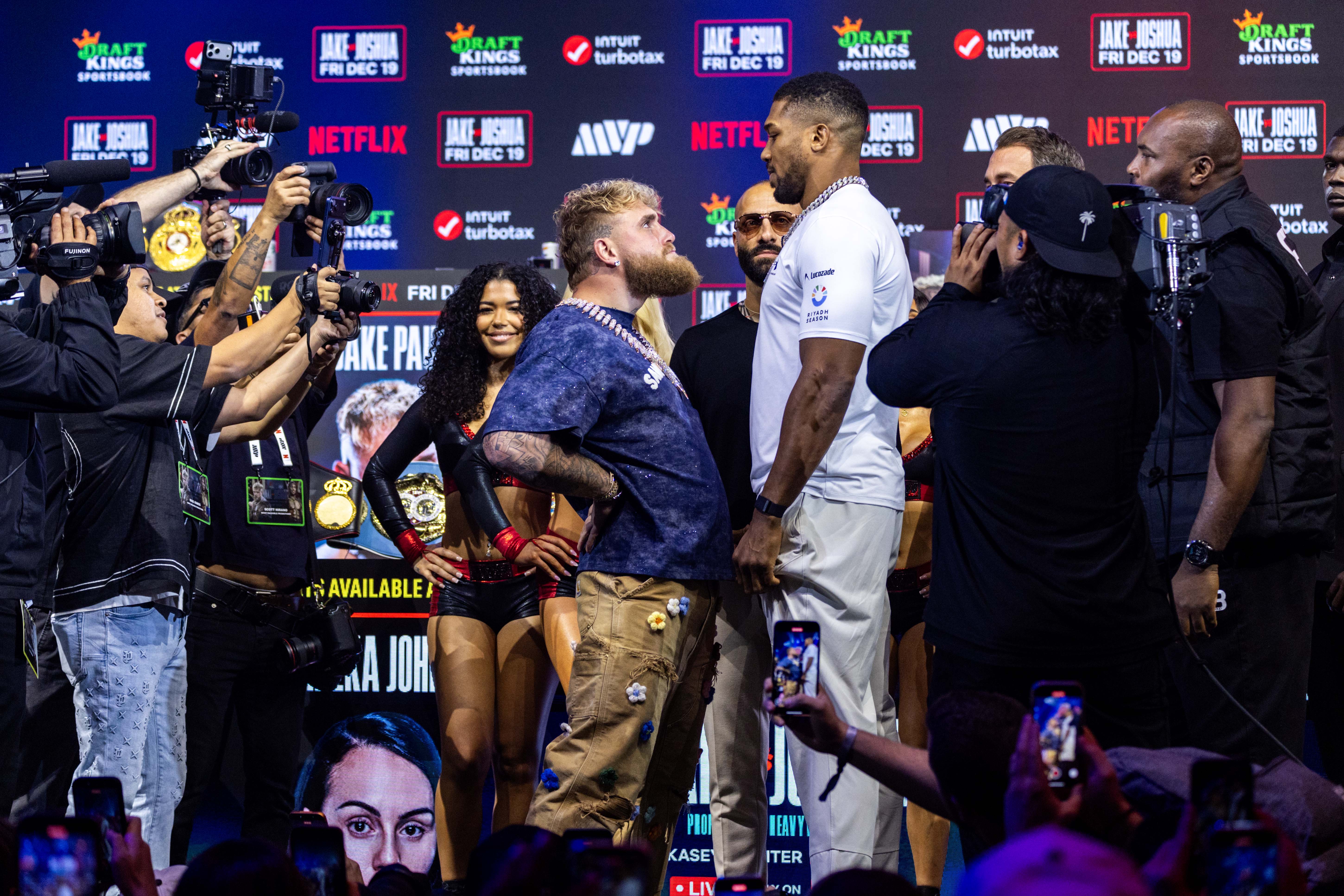 Jake Paul and Anthony Joshua face each other during the press conference for the upcoming Jake Paul vs Anthony Joshua boxing match on Netfli