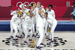 The United States celebrates winning the gold medal as we examine the latest Women's Olympic Basketball Tournament odds for the Paris 2024 Olympics in France.