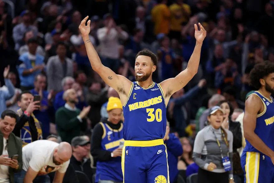 Stephen Curry of the Golden State Warriors reacts during their game against the Sacramento Kings at Chase Center.