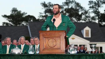 Scottie Scheffler of the United States speaks to the crowd as we look at the besr FedEx Cup odds