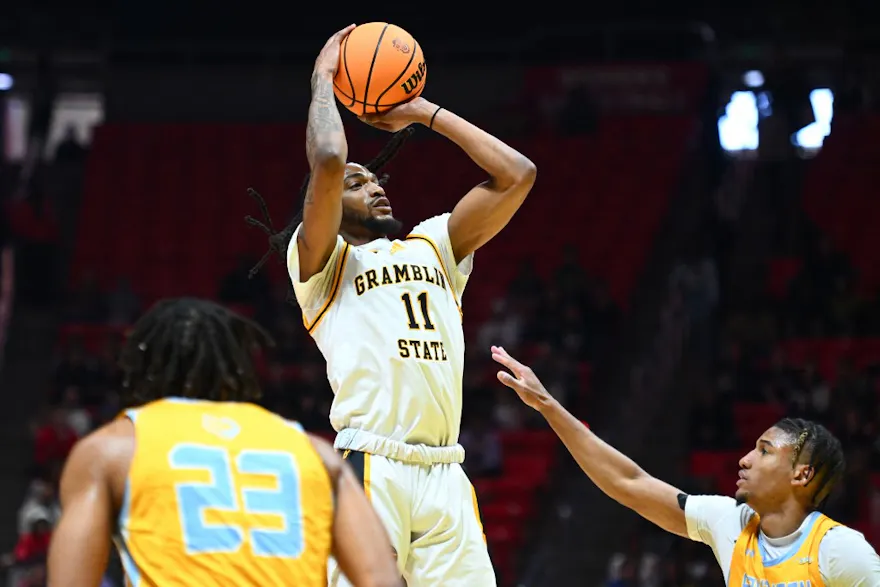 Jourdan Smith of the Grambling State Tigers shoots against the Southern University Jaguars, and we offer our top Grambling vs. Montana State prediction based on the best March Madness odds.