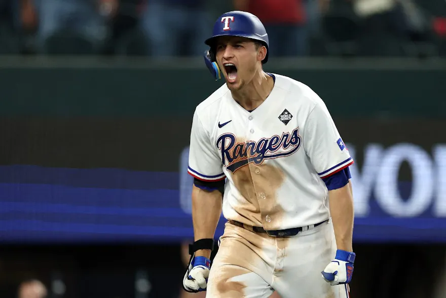 Corey Seager of the Texas Rangers celebrates after hitting a home run in the ninth inning against the Arizona Diamondbacks during Game 1 of the World Series, and we offer our top World Series odds.