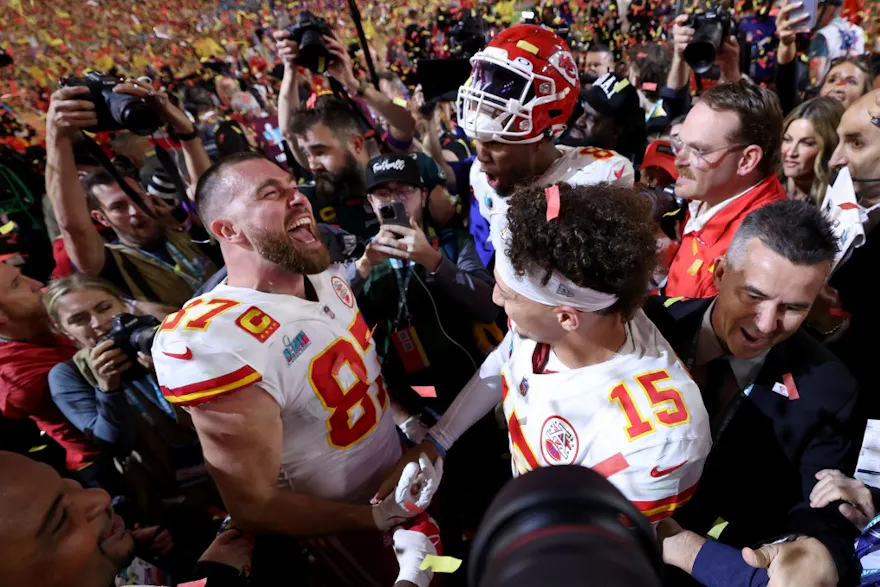 Travis Kelce and Patrick Mahomes of the Kansas City Chiefs celebrate after defeating the Philadelphia Eagles in Super Bowl LVII, and we offer our top experts picks for Championship Sunday based on the best NFL odds.