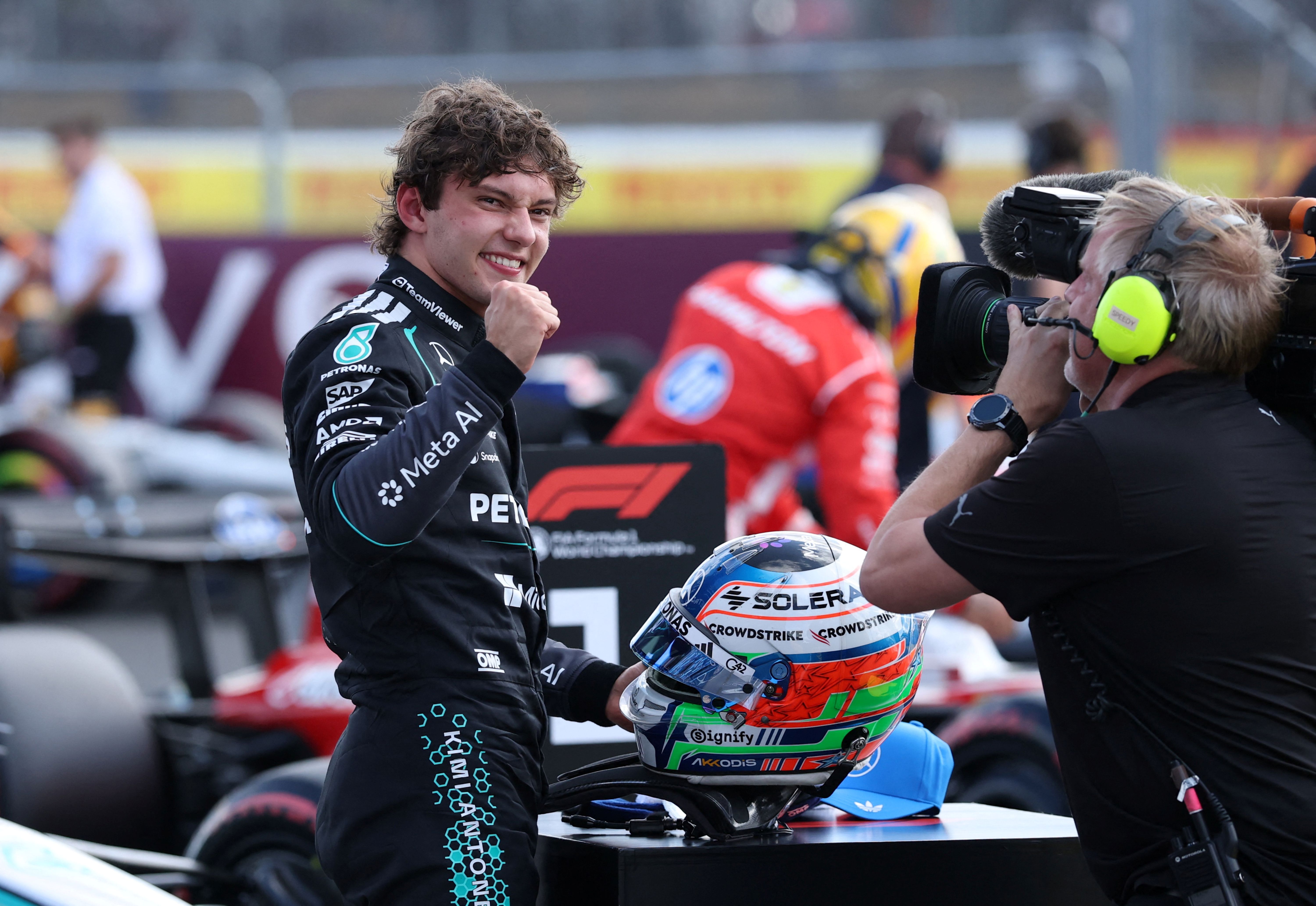 Mercedes' Andrea Kimi Antonelli celebrates after qualifying in the pole position, and he's featured in my British Grand Prix odds and predictions.