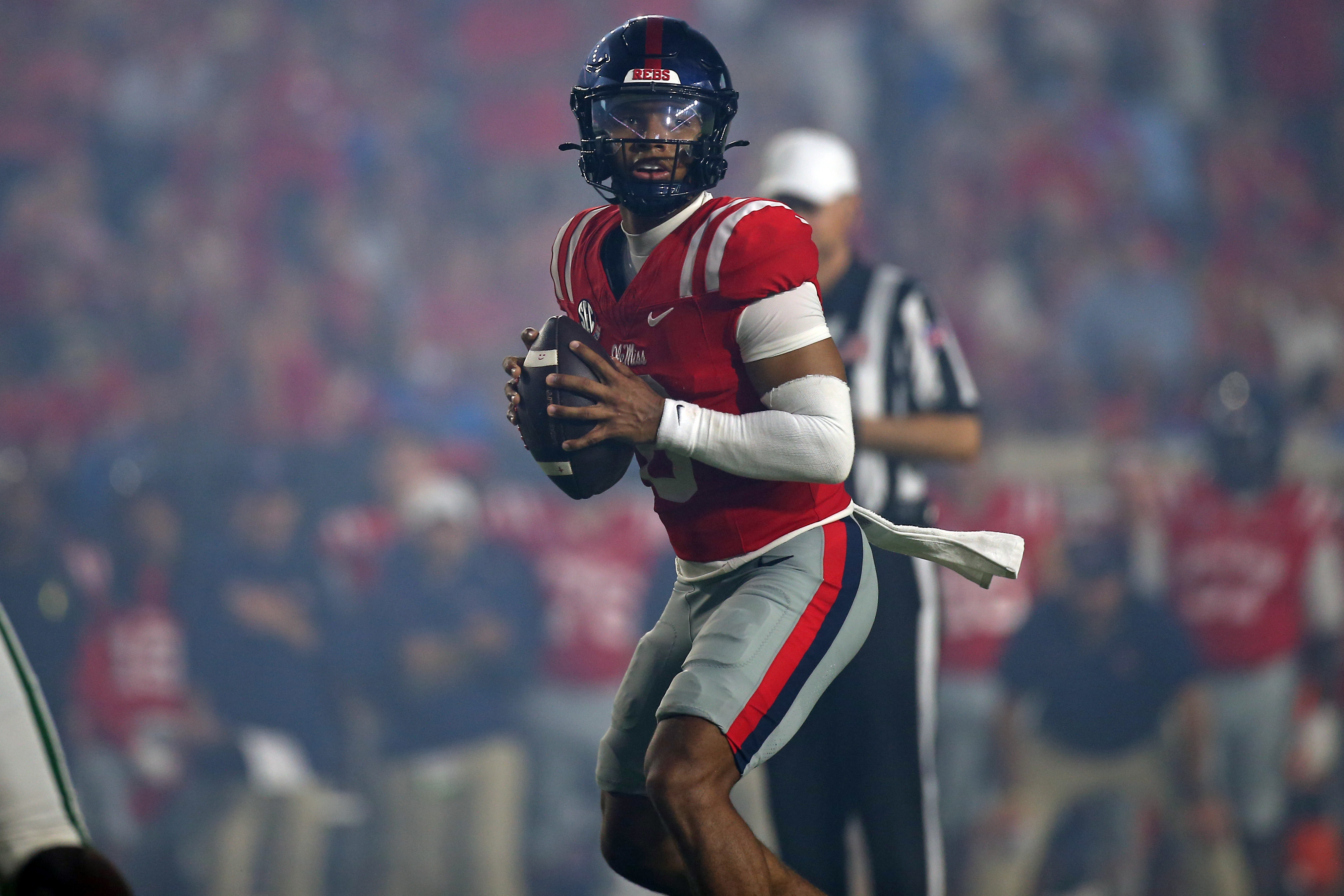 Ole Miss QB Trinidad Chambliss as we break down our College Football Moneyline Picks Week 3. Photo by Petre Thomas-Imagn Images.