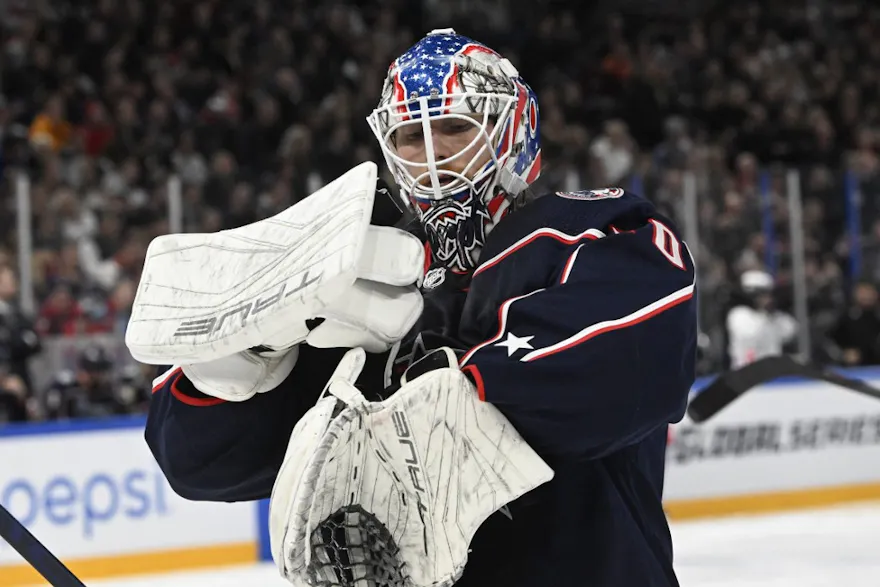 Columbus Blue Jackets' goalkeeper Joonas Korpisalo adjusts gear during the 2022 NHL Global Series ice hockey match Colorado Avalanche vs Columbus Blue Jackets in Tampere on Nov. 5.