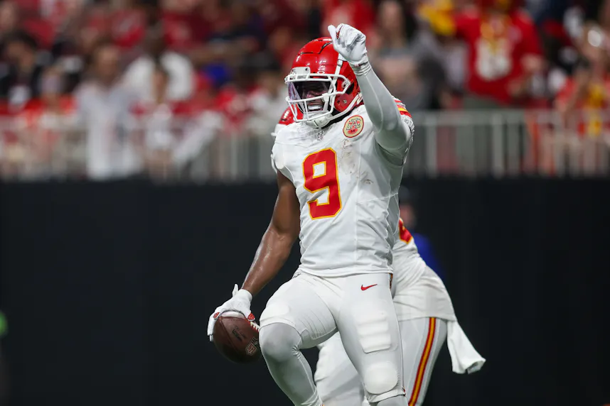 Kansas City Chiefs wide receiver JuJu Smith-Schuster celebrates after a touchdown catch as we look at our anytime touchdown scorer predictions for Monday Night Football