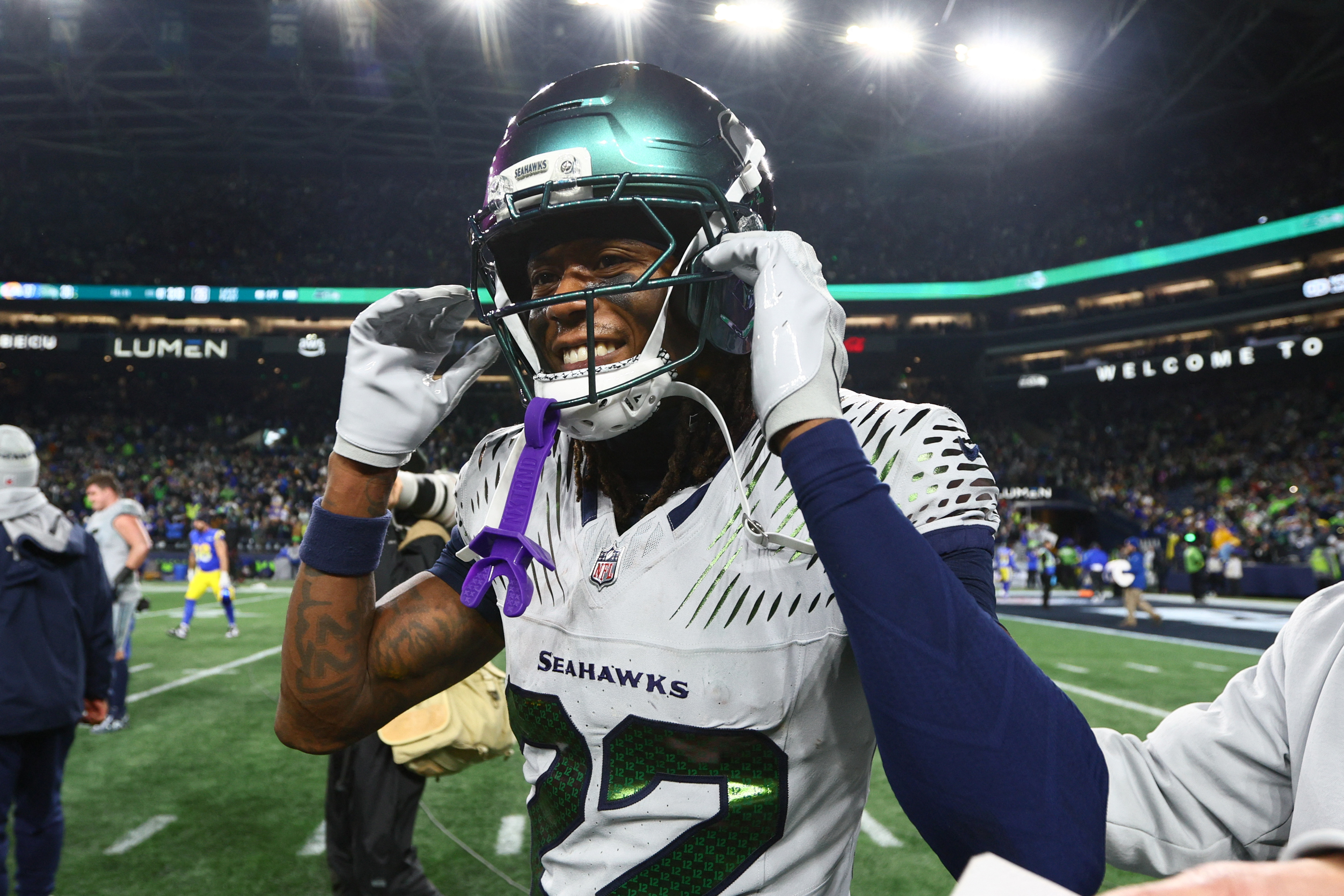 Seattle Seahawks wide receiver Rashid Shaheed (22) celebrates as we look to answer, will Rashid Shaheed return the Super Bowl opening kickoff for a touchdown?
